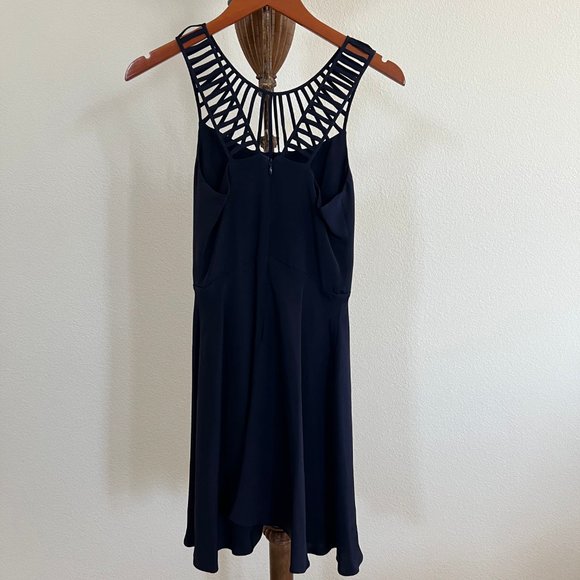 Parker Size XS Navy Blue Sleeveless Cage V-Neck Silk Fit & Flare Mini Dress - Picture 3 of 10